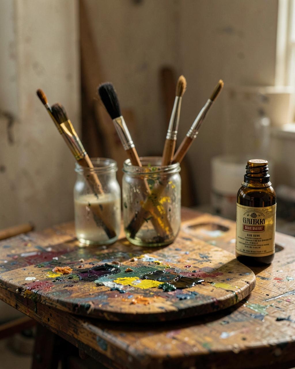 Studio detail: palette, sable brushes and linseed oil